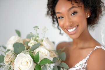 Joyful african american bride with curly hair smiles happily, holding a bouquet of white roses and eucalyptus against a clean white background
