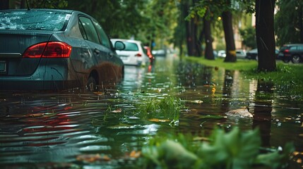 Flooded cars on the street of the city. Street after heavy rain. Water could enter the engine, transmission parts or other places. Disaster Motor Vehicle Insurance Claim Themed. Severe weather concept