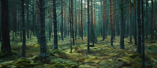 Magic pinewood lawn. Dark toned green forest. Beautiful natural background - Generative AI