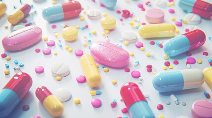 Close-up shot of colorful pills and capsules on white surface, emphasizing texture and details for a clinical aesthetic. Generative AI