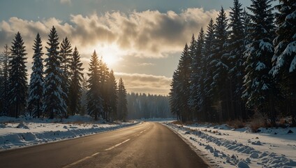 Winter snowy panorama on the road along coniferous forest landscape background, snow covered road on sunny day on rural area backgrounds.