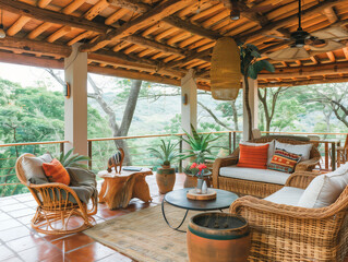 Fototapeta premium Breezy Hilltop Veranda with Wicker Rockers and Windmill Views