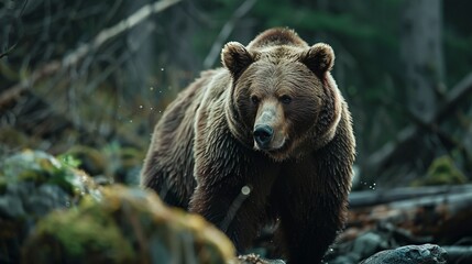 Fototapeta premium Powerful brown bear standing tall in the wilderness.