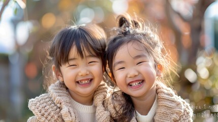 Obraz premium Two Beautiful Asian Children Smiling, Sharing A Joyful Moment