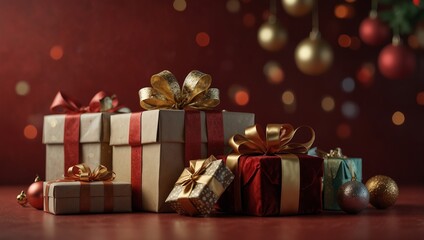 Banner with Christmas gift boxes, velvet ribbons, rolls of wrapping paper and decorations on red background.