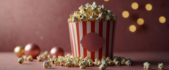 Fototapeta premium Banner with popcorn and Christmas decor on pink background Christmas celebration.