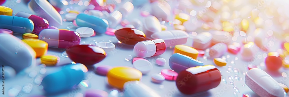 Poster colorful pills and capsules are scattered on a white surface, enhancing their texture and details fo