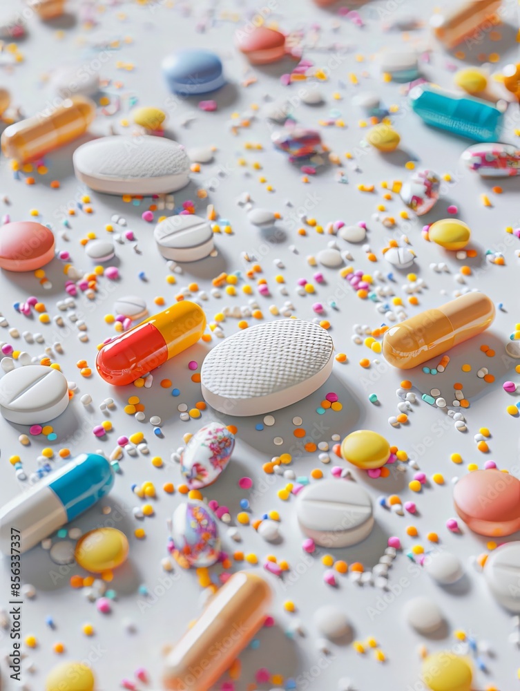 Poster A close-up view of various colorful pills and capsules scattered on a clean white surface. Generative AI