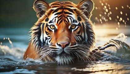 Obraz premium Majestic Bengal tiger swimming in water, powerful wild cat portrait with golden sunset lighting. Fierce tiger face with orange fur and black stripes. Exotic wildlife animal in river.