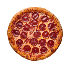 Sliced Pepperoni Pizza with Golden Crust, isolated on transparent background.
