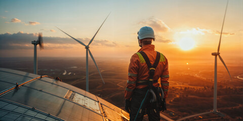 Wind turbine engineer standing on top of wind turbine at sunset