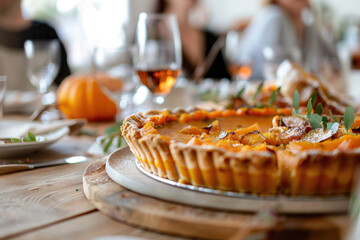 Thanksgiving family dinner. Traditional pumpkin pie and vegan meal close up, with blurred happy people around the table celebrating the holiday.