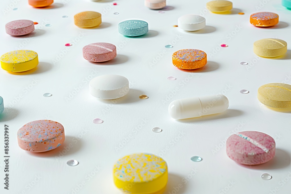 Aufkleber a close-up shot of various colorful pills and capsules scattered on a clean white background, highli