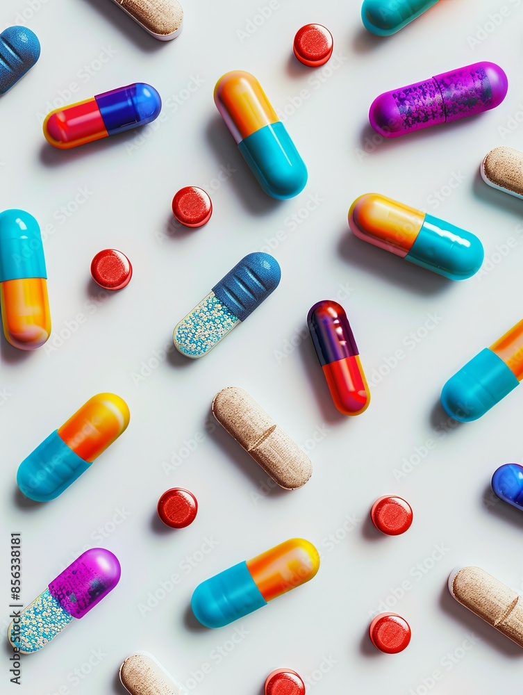 Poster Close-up of colorful pills and capsules on white surface, emphasizing vibrant colors and textures against clean backdrop for a clinical, visually appealing image. Generative AI