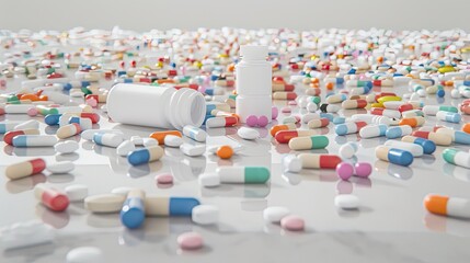 Obraz premium A close-up image of various pills and two bottles spilled on a white surface
