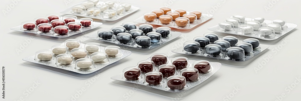 Aufkleber A close-up view of several blister packs containing various colored pills, arranged neatly on a white surface. Generative AI