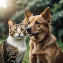 Cat and dog outside in the living room. Creating with AI.