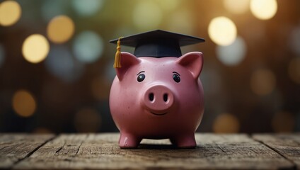 piggy bank With Graduation Cap on old wood,Money saving concept.