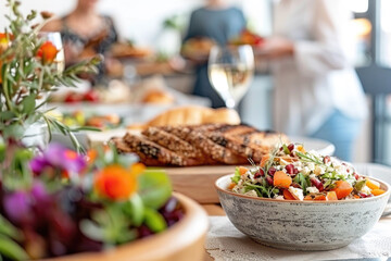 Obraz premium Thanksgiving family vegan lunch, with autumn decoration and plenty of healthy food on the table, with blurred happy people around the table celebrating the holiday.