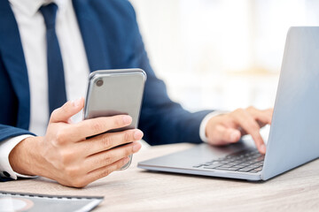Hands, business and man with smartphone, laptop and internet for social media, research and investment. Person, closeup or employee with cellphone, tech or digital app for texting, trading or contact