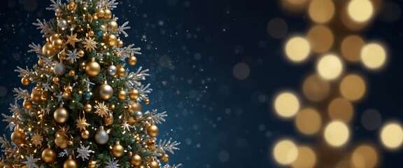 sparkling gold and silver lights xmas tree Merry Christmas and Happy New Year greeting message on blue background,snow flakes,bright lights decoration.