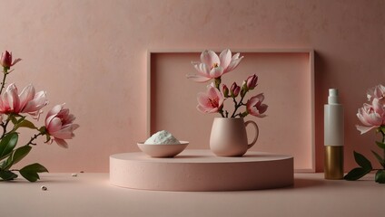 Spring minimal design pink product display podium on magnolia blossom pastel pink background, trendy modern graceful display scene for cosmetic, feminine product showcase.