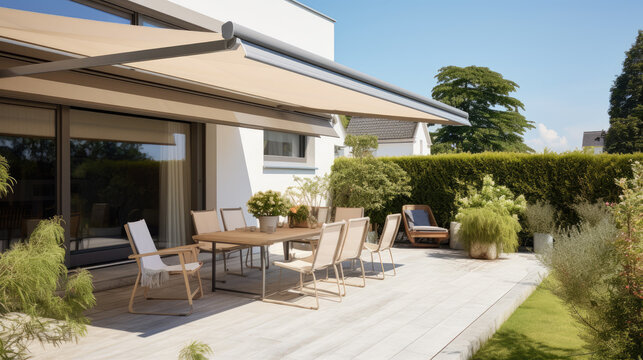 Modern retractable awning providing shade for outdoor patio furniture
