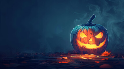cartoon art banner with a minimalist halloween concept a glowing pumpkin lantern in the dark