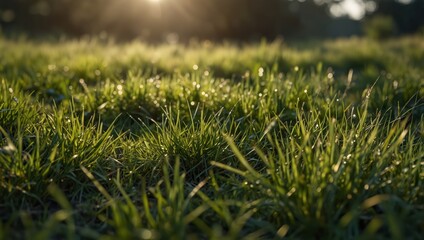 Summer green grass meadow with sunshine views on blurred wild field outdoor background with copy space.