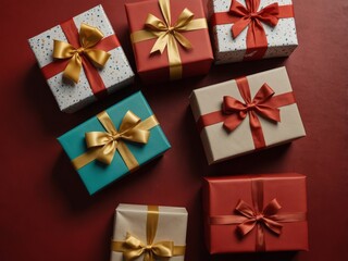 top view of gift boxes and shopping bags on red background with copy space, panoramic shot.