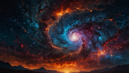 Vibrant hues swirl within a celestial inferno, showcasing the infinite beauty of the cosmos and the chaotic wonder of natural phenomena.
