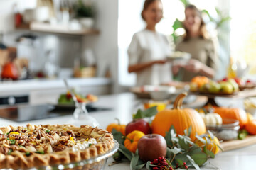Fototapeta premium Thanksgiving family dinner. Traditional pumpkin pie and vegan meal close up, with blurred happy people around the table celebrating the holiday.