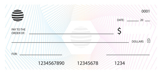 Blank bank check, checkbook cheque template or money payment paper voucher, vector mockup. Business or personal account cash pay cheque certificate or paycheck coupon from checkbook