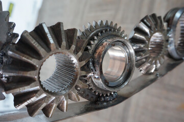 Close-up of iron gears, technical mechanism.