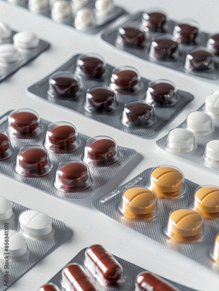 Poster close-up photo of pills in blister packs on white surface. packaging and pills displayed neatly for 
