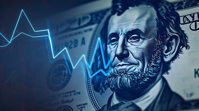 Cash dollar bills and design with waves and bars background (business, money, finance, economy, crisis, inflation)
