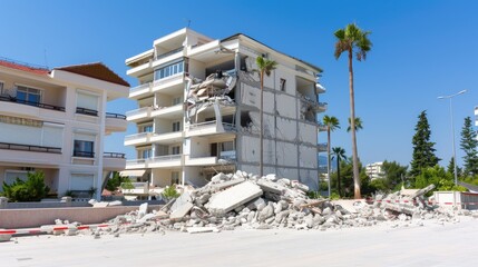 A collapsed apartment building lies in ruins after a recent earthquake, highlighting the devastation caused by natural disasters
