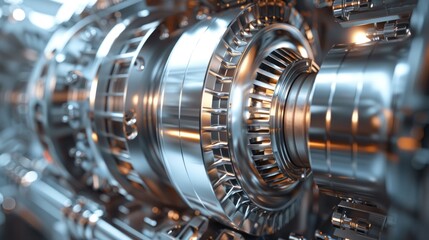 Jet Engine Turbine Blades. Detailed close-up of jet engine turbine blades illuminated with a warm glow, showcasing advanced engineering and intricate design