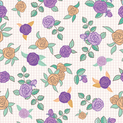 Purple, Lavender and Gold Roses with Leaves Scattered on Texture seamless pattern print background