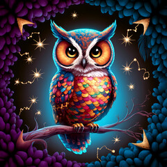 Obraz premium a colorful owl nestled on a branch against the starry night sky