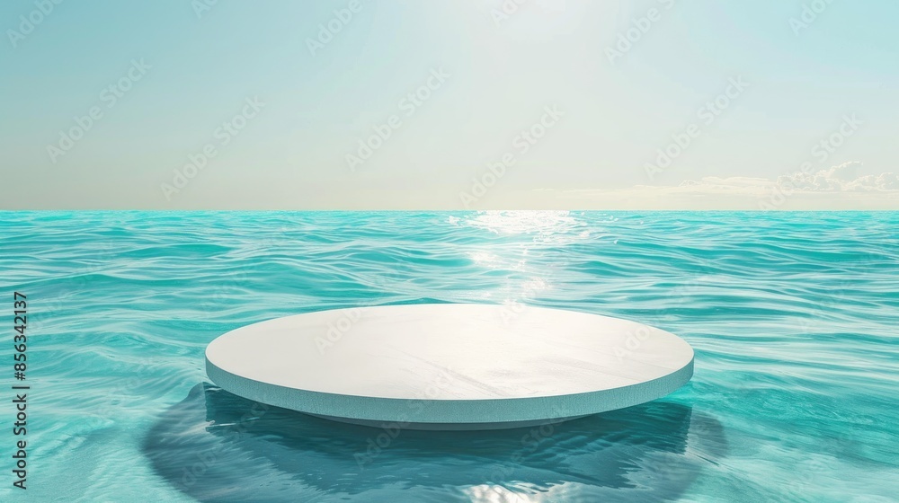 Wall mural White circular platform floating on clear blue water with sunlit waves Nature backdrop for product display Cosmetic mockup with room for text