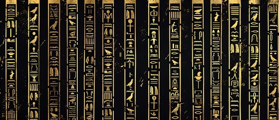 Ancient golden egyptian hieroglyphs alphabet pattern over black background. Ancient Egyptian and ancient culture concept - Generative AI