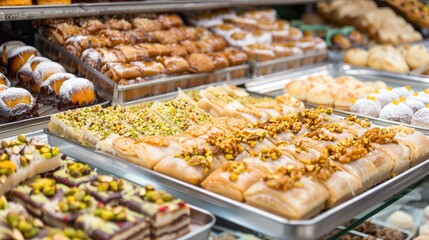 A baker carefully arranges freshly baked pastries on a display in an open-air market