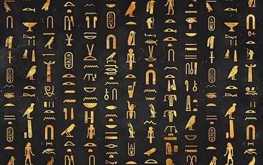 Ancient golden egyptian hieroglyphs alphabet pattern over black background. Ancient Egyptian and ancient culture concept - Generative AI