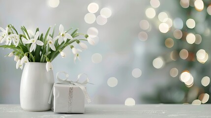 A bouquet of white snowdrop flowers in a white vase sits next to a wrapped gift on a rustic wooden table