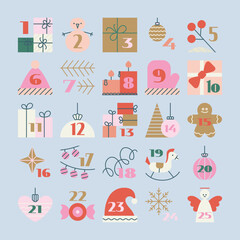 Christmas advent calendar with simple flat illustrations, numbers. Cute pinky retro winter vector elements for funny tradition