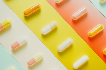 Colorful pills lying on a colorful background forming a pattern, ideal for pharmaceutical, medical and healthcare-related purposes