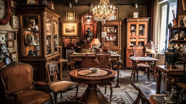 Interior of an antique store with old vintage classical objects and furniture