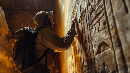 Explorer uncovering symbols on a wall in ancient ruins, dramatic natural light, bottom third copy space