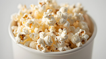 A white, cylindrical container filled with popcorn. The popcorn appears fresh, with a light golden hue and some unpopped kernels. The container is placed on a plain white background
